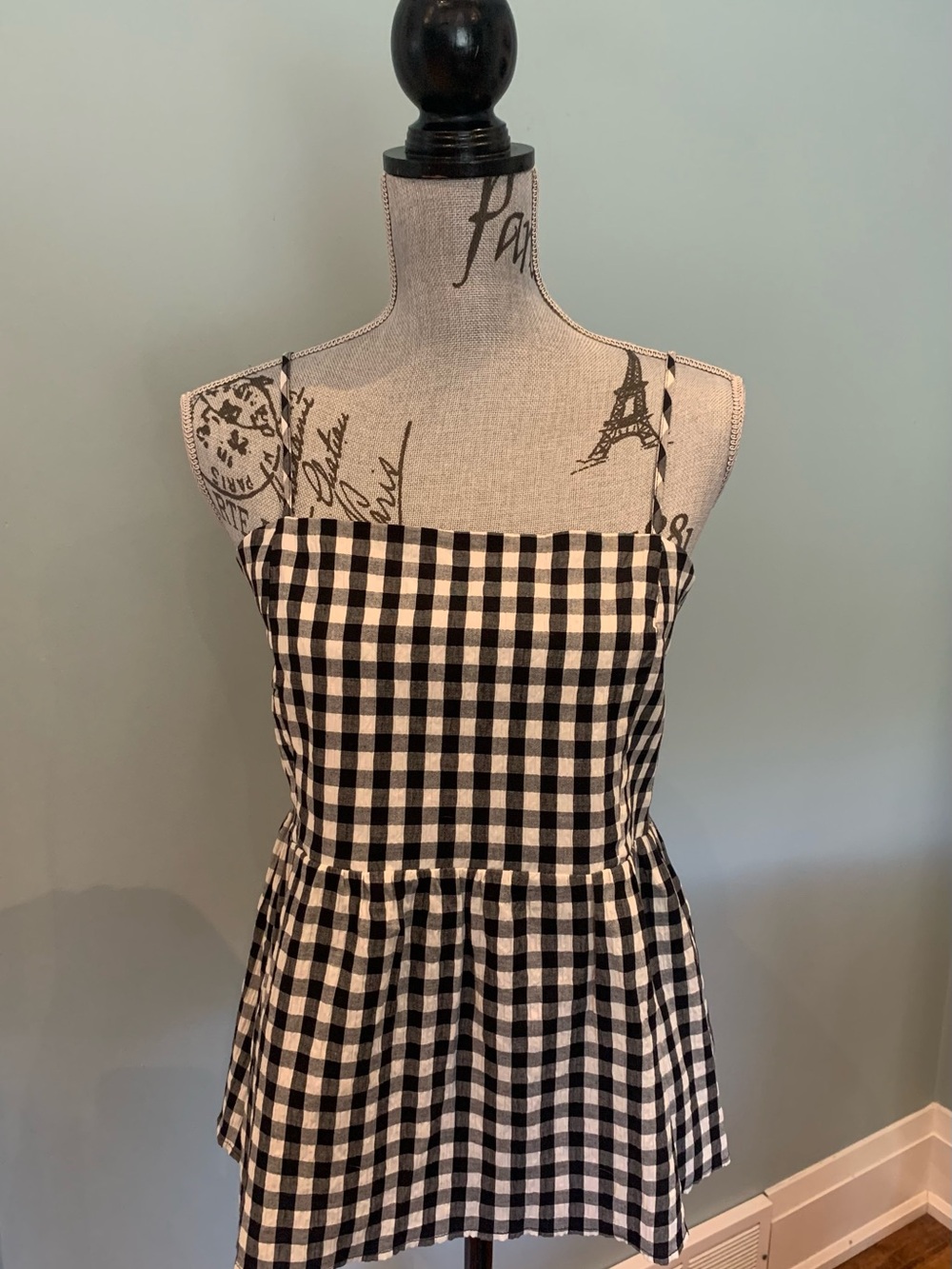 Black and White Gingham Strapless Peplum Blouse